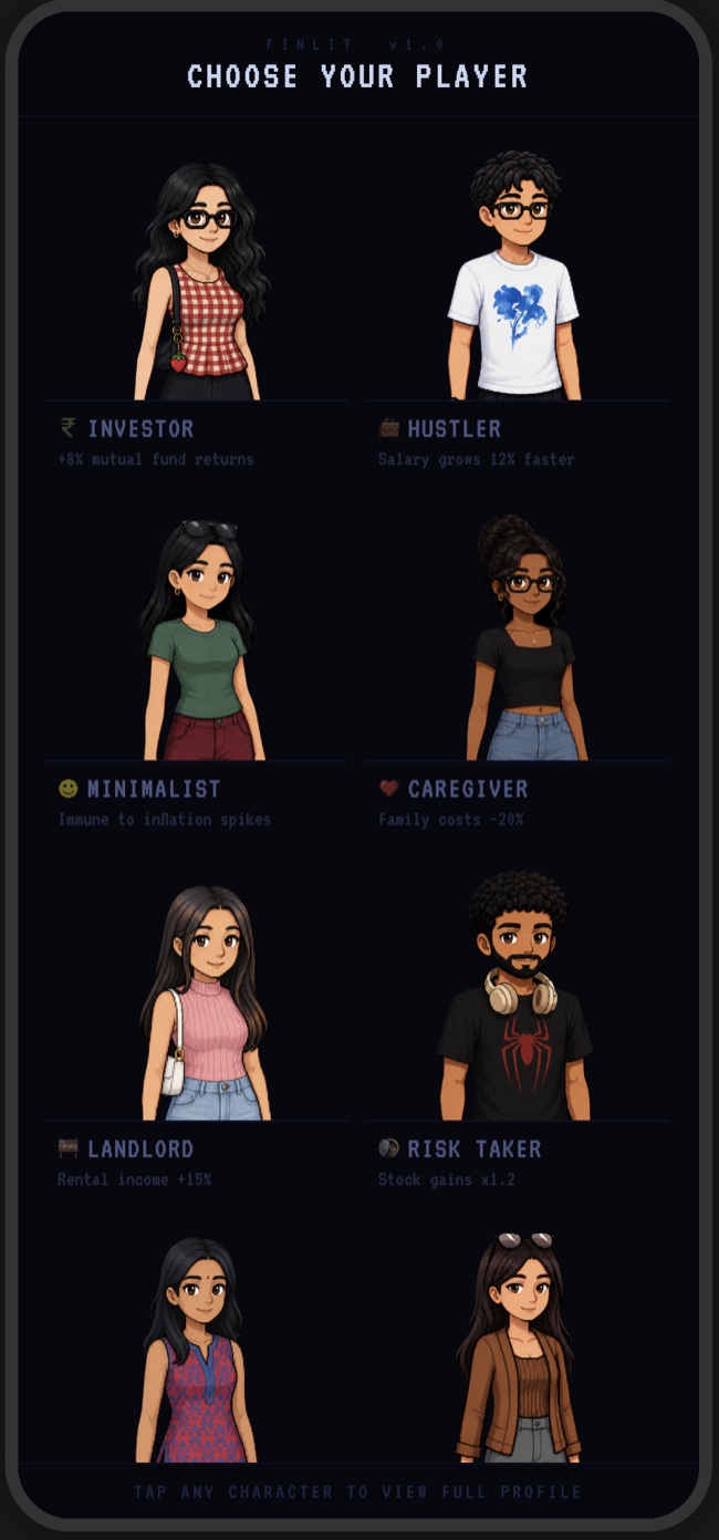 Finlit character selection screen with different financial play styles